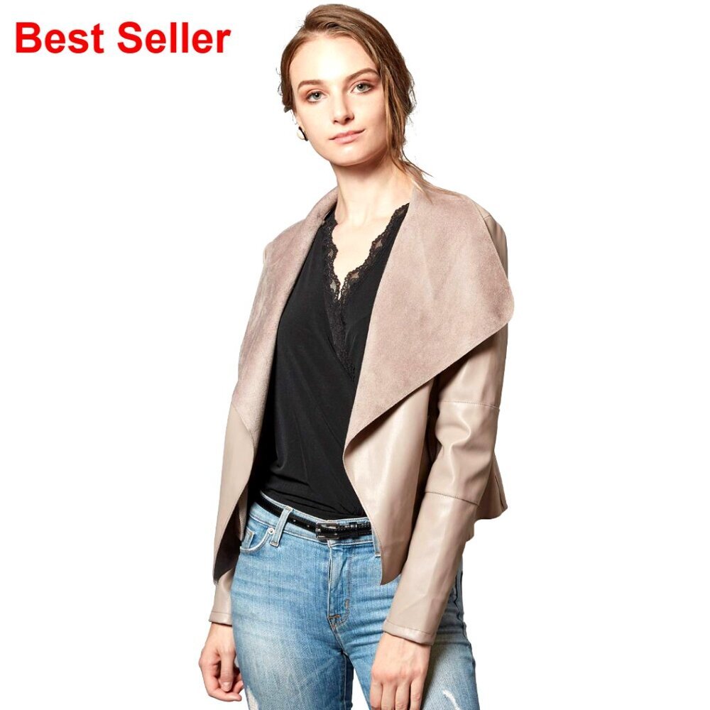 Faux Leather Jacket Slim Open Front Lapel Blazer
